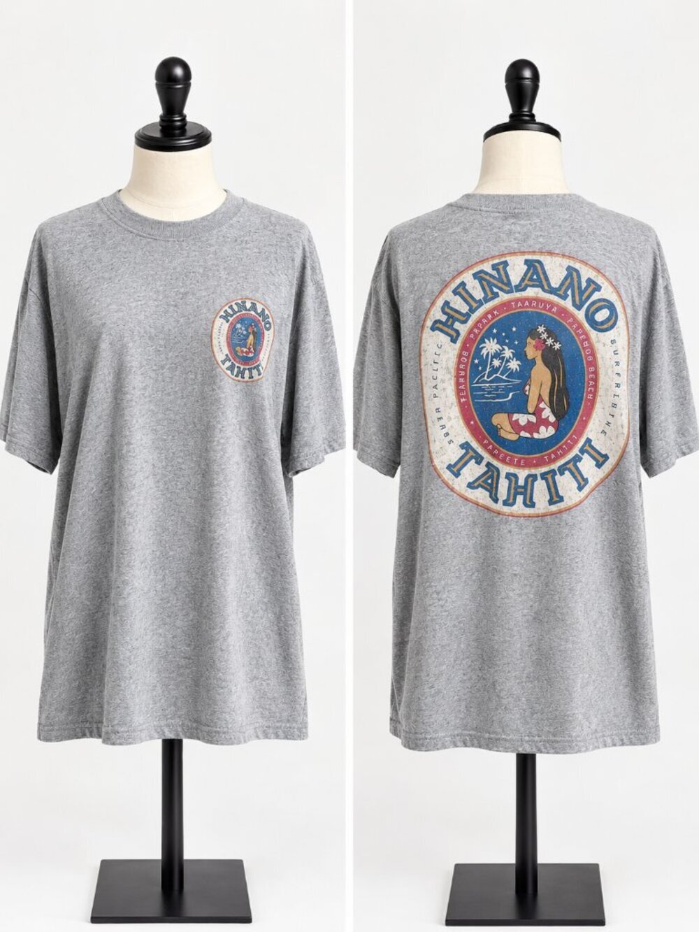 Hinano Tahiti Hula Girl Gray Graphic T Shirt 2X Retro Distressed Coastal Preppy
